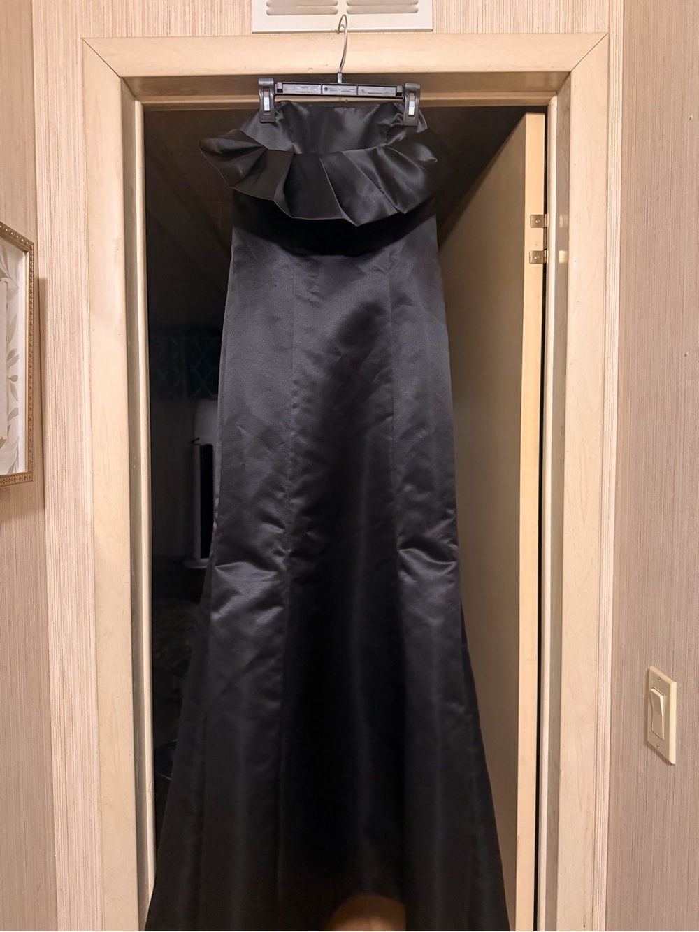 Bari Jay Black Strapless Satin Gown with Ruffle Bodice